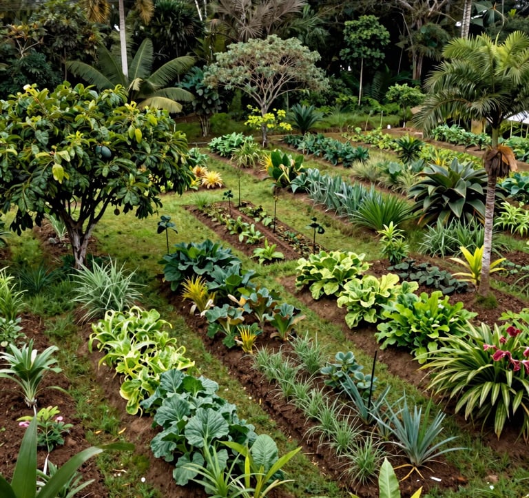 A wide angle photograph of a small, thriving family farm (quinta) in the Ecuadorian jungle, with diverse tropical fruit trees and vegetables growing in organized, organic rows.