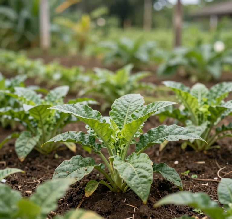 A close-up of a fertile family garden in the South American Amazon region, showing vibrant green crops and healthy soil under natural, soft daylight.