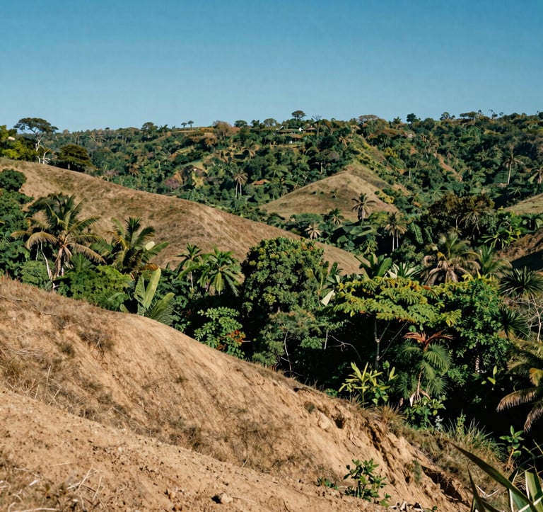 A scenic view of the terrain near Cueva de los Tayos, showing rolling hills and dense tropical vegetation under a clear blue sky. Earthy tan soil and lush forest green foliage.