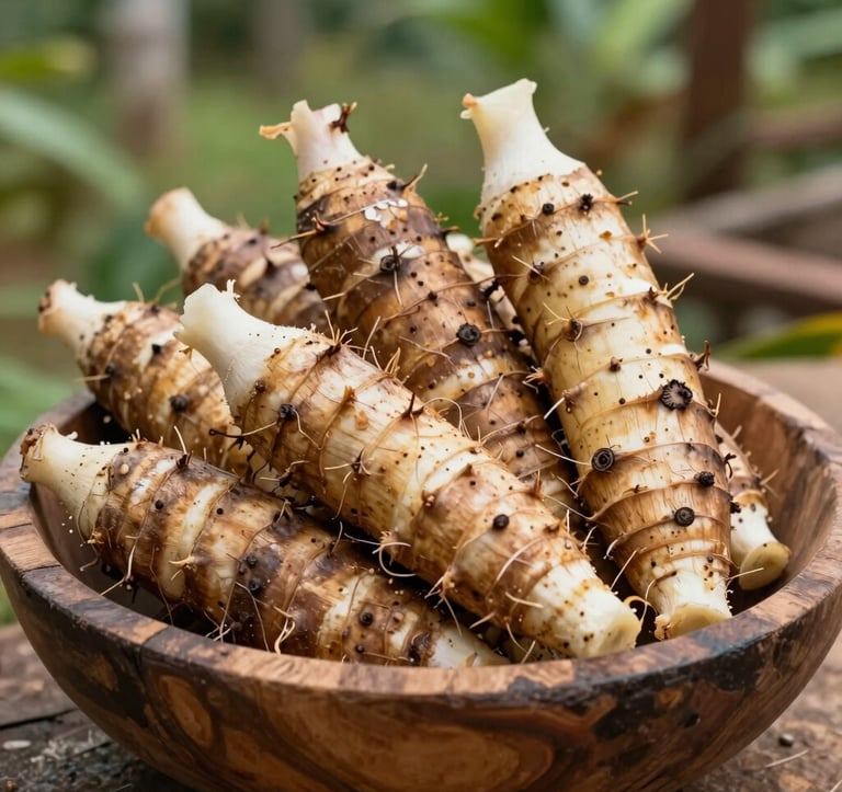 Close-up photography of a harvest of tropical Amazonian produce like yucca and plantains inside a handcrafted wooden bowl. The setting is an outdoor South American farm. The lighting is natural and crisp, emphasizing textures and earthy tan colors.