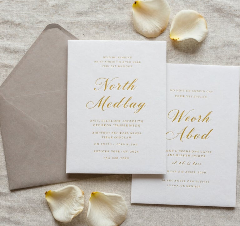 A high-end North American wedding invitation suite laid out on a soft linen surface, surrounded by loose flower petals in cream and muted stone colors. Flat lay photography with a focus on fine textures and gold foil lettering.