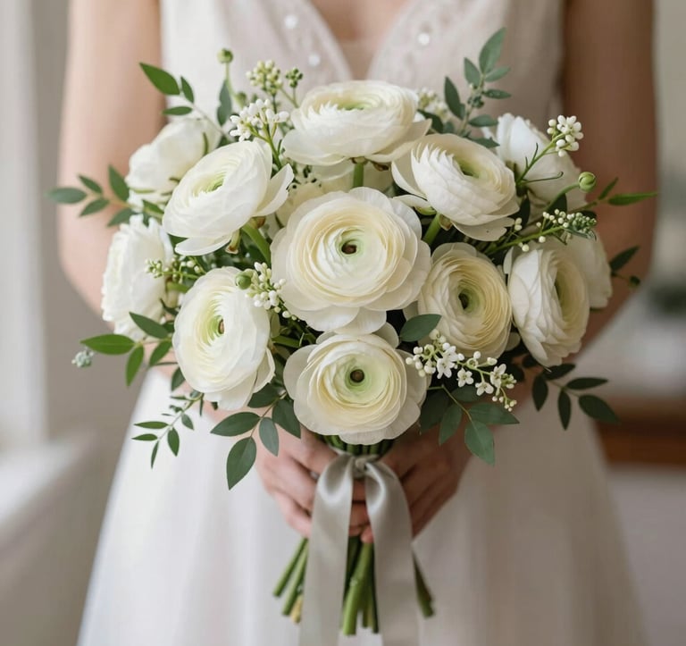 A close-up shot of an elegant bridal bouquet featuring creamy white ranunculus, delicate sprigs of greenery, and silk ribbons in muted stone tones. Photographed in a bright, sophisticated North American interior.