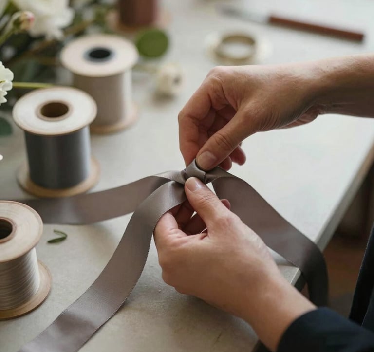 Close-up photography of a professional designer's hands selecting muted gray-brown ribbons for a floral installation. Sophisticated North American / US workshop setting with a timeless, artisan feel.