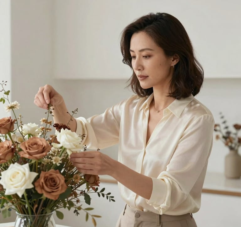 A professional portrait of a woman in her late 30s with a graceful demeanor, wearing a cream silk blouse, arranging a large display of muted brown and white florals in a light-filled North American / US studio. The background is minimalist and clean.