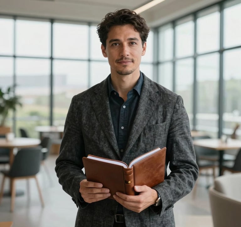 A sophisticated professional portrait of a man in his late 30s wearing a charcoal linen blazer, standing in a bright, modern North American / US event venue with floor-to-ceiling windows. He is holding a muted brown leather planner, exuding calm, professional confidence.
