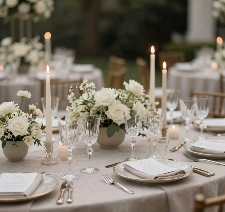 A beautifully styled reception table at a luxury North American wedding. Featuring fine linens in light taupe, tall crystal glassware, and elegant stone-colored taper candles set among small floral clusters. Airy, sophisticated mood.