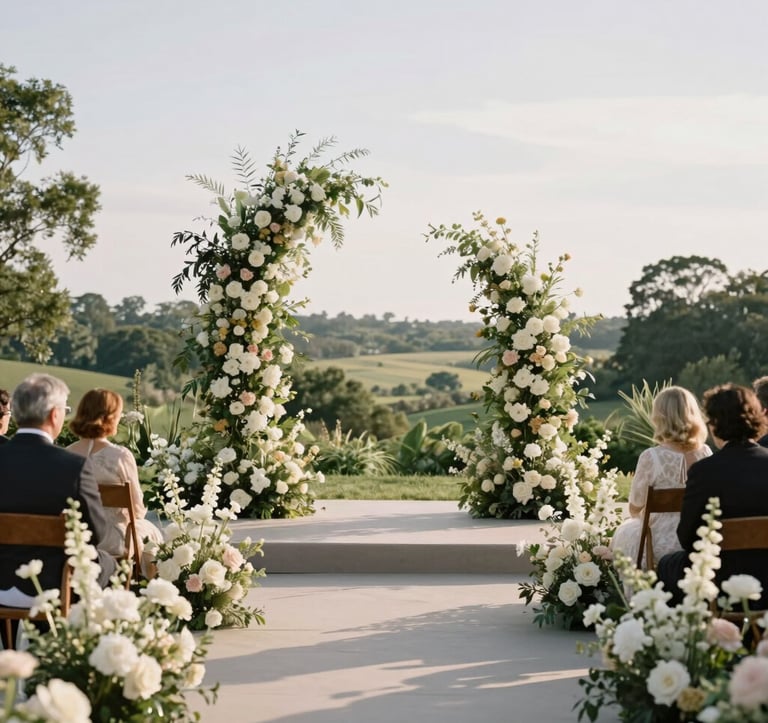 Wide shot of an outdoor North American / US garden wedding ceremony. Tall, sculptural floral pillars in neutral tones frame a minimalist aisle. Soft afternoon sunlight highlights the sophisticated, airy design.