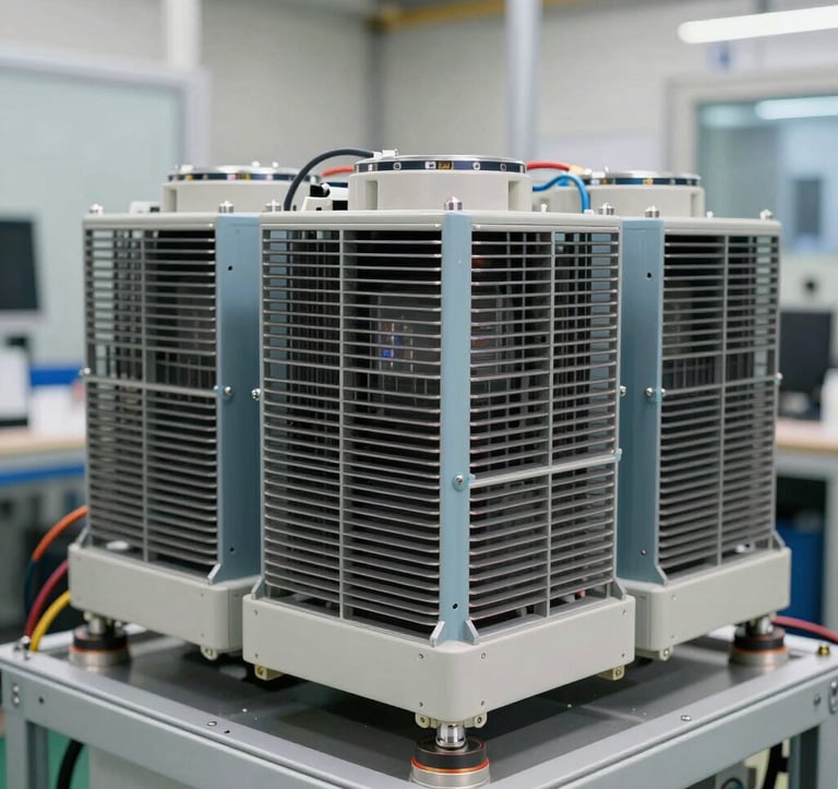A professional photography shot of specialized liquid cooling systems and high-density heat exchangers inside a modern facility, utilizing a palette of light blue grey and off-white.
