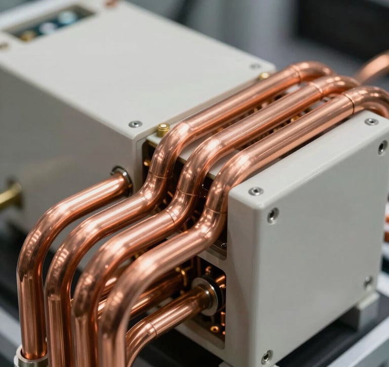 Macro photography of high-performance technical hardware and copper cooling pipes in a pristine European data facility. Soft directional light highlights the metallic textures and off-white surfaces. Professional and clean aesthetic.