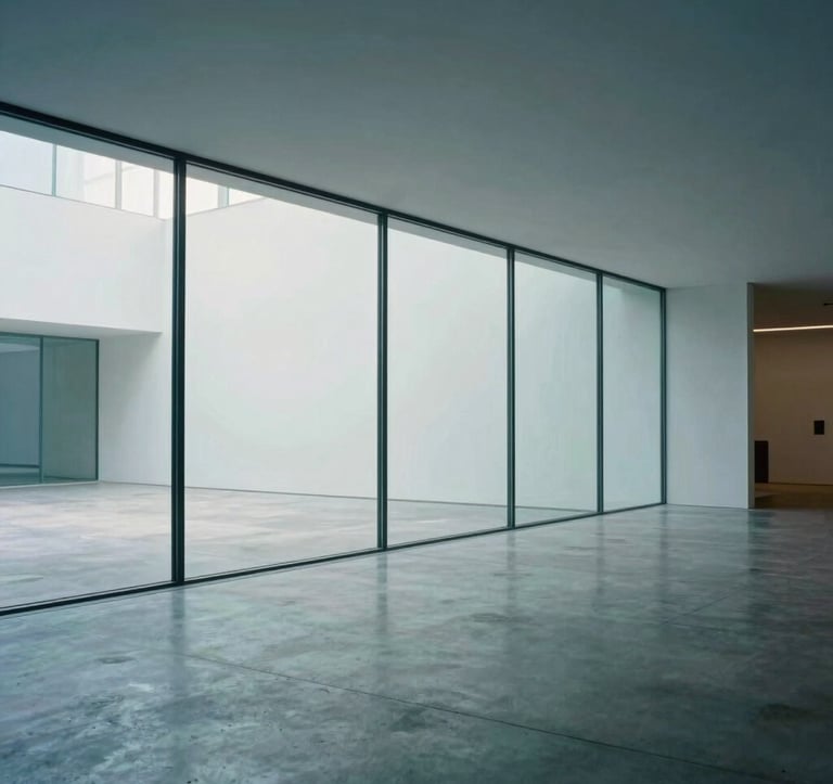 A professional photograph of a minimalist modern museum interior in Maastricht, Western Europe. The space features large glass panels, high ceilings, and polished concrete floors. Soft glacial white and dusty blue light illuminates the space, creating a calm, intellectual atmosphere.