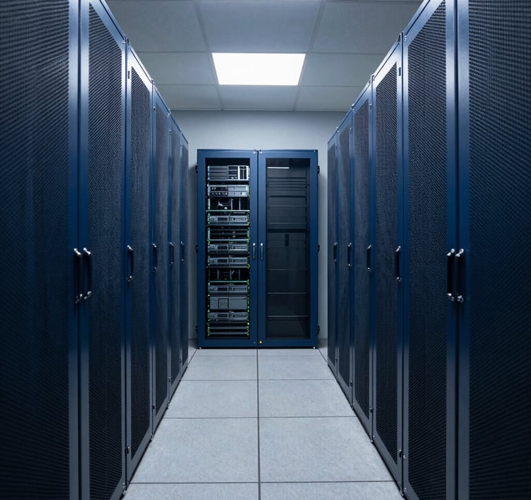 A sharp, symmetrical shot of a secure data corridor in a Western European facility, featuring dark blue steel server cabinets and soft, professional overhead lighting to convey trust and security.