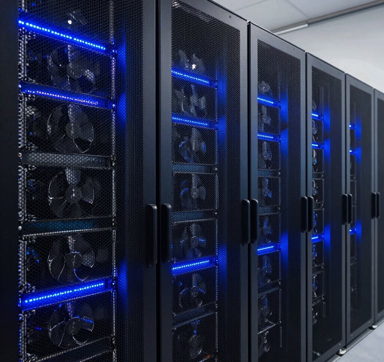A detailed photography shot of high-density cooling and GPU server racks inside a secure European facility. The scene is lit with sharp cobalt blue LEDs against deep navy charcoal shadows. It conveys precision, power, and industrial-grade security.