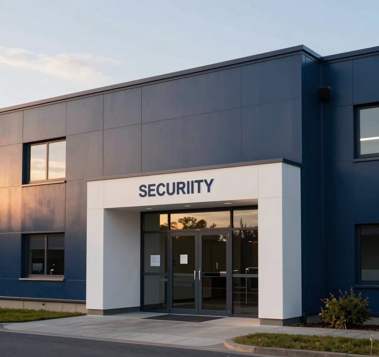 Professional architectural photography of a minimalist, secure facility entrance at sunset in the Benelux region, reflecting a palette of dark blue and off-white. The scene suggests authority and high-level enterprise security.