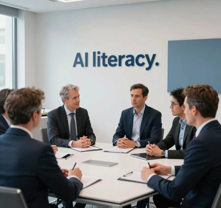 A sharp, professional photograph of a corporate seminar room in Brussels, Western Europe. Business professionals in refined attire are engaged in a strategic discussion. The room is bright with soft glacial white walls and slate blue accents, emphasizing AI literacy.