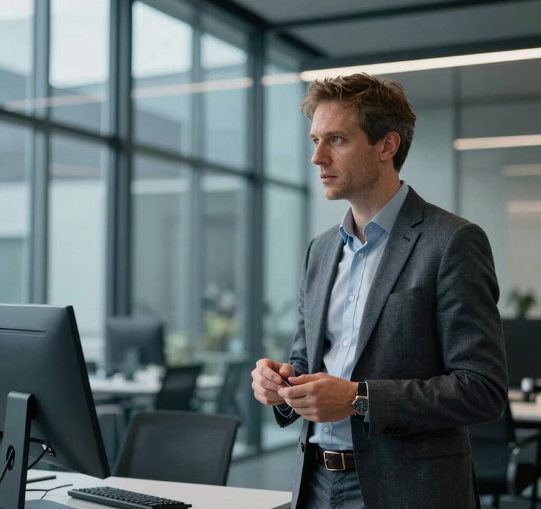 A professional Western European tech leader reviewing digital infrastructure plans in a modern, glass-walled office. The lighting is professional and understated, utilizing the brand's blue-gray palette.
