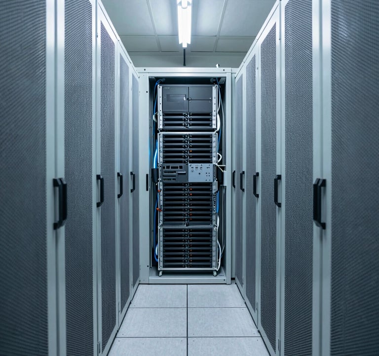 An interior photography shot of a secure, high-density server hall in Western Europe. The rows of hardware are organized with perfect symmetry, cooled by state-of-the-art systems. The lighting is crisp and cool, featuring light blue and off-white tones.