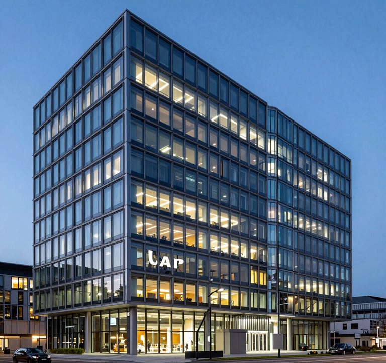 Sharp photography of the facade of a contemporary technology center in the Benelux region at twilight. The structure is composed of glass and steel, with sophisticated exterior lighting in steel blue. The style is authoritative and projects institutional trust.