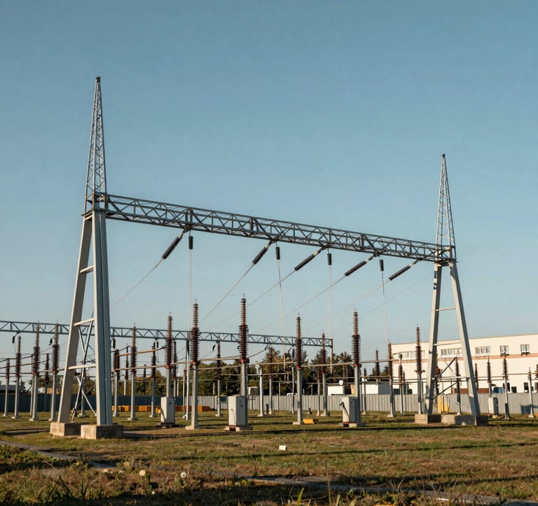 A crisp photograph of a modern industrial energy grid substation in a Western European landscape, symbolizing the direct connection between power infrastructure and AI compute capacity.
