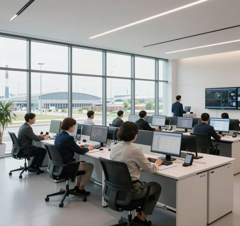 High-end interior photography of a modern operations center in Western Europe. Professionals in business-casual attire are seen from a distance working in a bright, airy office with large windows overlooking a clean industrial landscape. The palette includes off-white and light blue-grey tones.