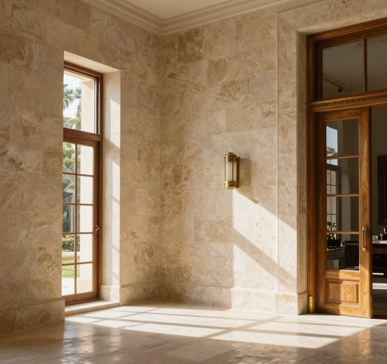 High-end architectural photography of a premium villa interior in Oaxaca, featuring textured cream stone walls and warm gold wooden accents. Soft sunlight filters through large windows. Sophisticated and exclusive ambiance, Latin American / Mexican design.