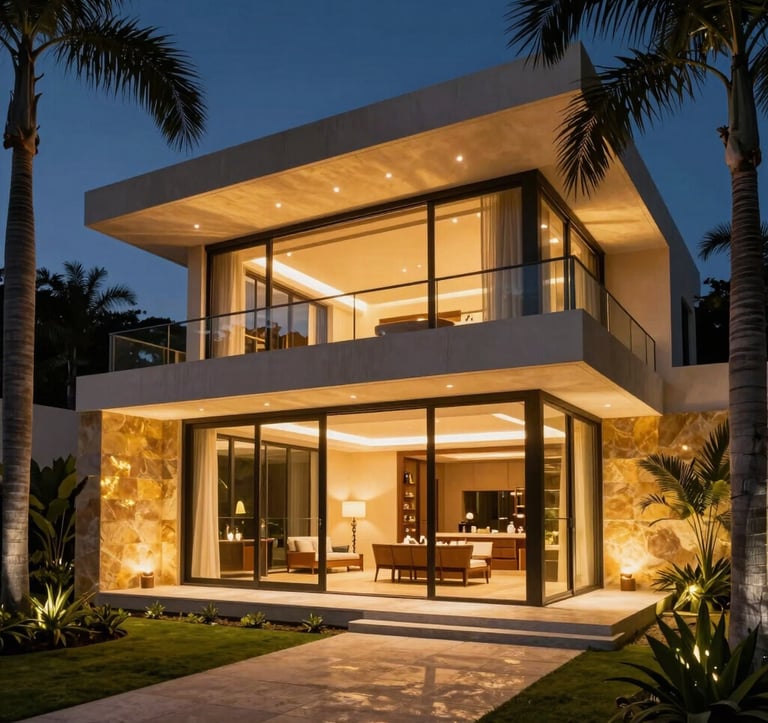 A luxury villa exterior in Puerto Escondido at night, with warm indoor lights glowing through large glass panels. The architecture is contemporary Mexican style, featuring clean lines and gold-toned stone. Surrounded by elegant landscaping and palm trees.