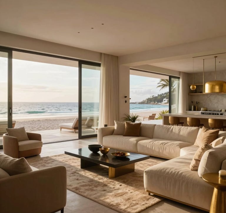 Interior shot of a premium Mexican beach house. Large open-concept living area with floor-to-ceiling windows showing a private beach. Minimalist but warm decor with gold and tan accents, natural textures, and elegant furniture. Soft morning light.