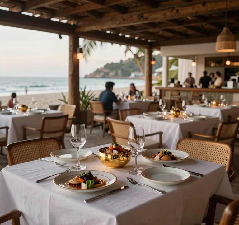 Luxury lifestyle photography showing a gourmet dining experience in an open-air beachfront restaurant in Puerto Escondido. Tables are adorned with fine ceramics and gold accents. Sophisticated ambiance, Latin American / Mexican gastronomy context.