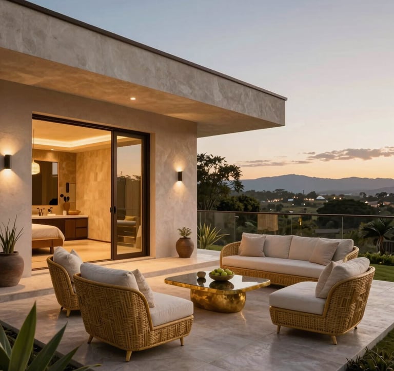 A sophisticated Latin American / Mexican setting showing a private terrace of a modern villa. The decor features gold and cream accents, overlooking a serene landscape at dusk with professional, warm lighting.