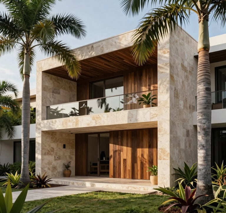 Modern tropical architecture building exterior in Puerto Escondido. The structure uses natural materials like light-colored stone and dark wood, integrated seamlessly with lush palm trees and Mexican flora under a bright, clear sky. High-end real estate photography.