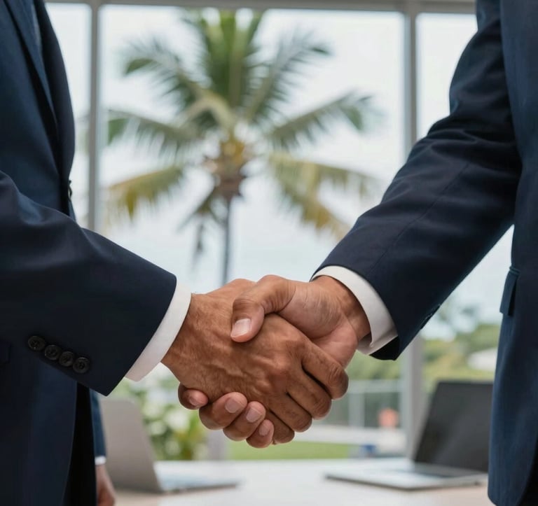Professional close-up photography of two executives in a handshake, reflecting a successful deal. The setting is a bright, high-profile office in Guanacaste, Costa Rica, with a view of tropical palms through the window. Colors focus on dark navy suits and steel blue surroundings.