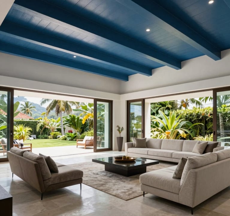Interior shot of a luxury villa's open-plan living area in Costa Rica. High ceilings with steel blue accents, light grey stone flooring, and high-end minimalist furniture. Large folding glass doors open to a tropical garden. The lighting is natural and bright, emphasizing a clean, professional, and exclusive residential atmosphere.