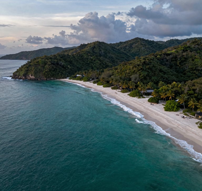 Dramatic aerial photography of the Guanacaste coastline at sunset, featuring the transition from turquoise ocean waters to the white sand beaches of Playa Flamingo and lush green hills. The composition highlights the geographical exclusivity of the region. Soft steel blue and light grey tones in the sky, professional landscape photography.