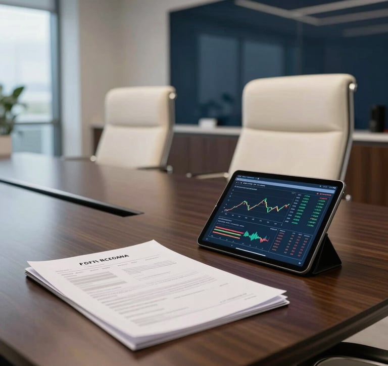 Executive interior photography of a modern boardroom in a Costa Rican financial center. High-end off-white furniture and dark navy accents. In the foreground, professional financial documents and a tablet showing asset performance charts on a polished table.