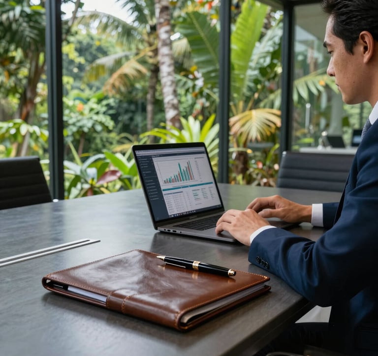 An executive meeting room with glass walls overlooking the lush tropical canopy of Guanacaste, Costa Rica. On the table, a leather-bound portfolio and a high-end fountain pen sit beside a laptop showing financial graphs. Professional, sharp lighting with steel blue and dark navy tones.