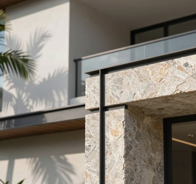 A close-up architectural detail of a premium real estate development in Tamarindo, Costa Rica. Focus on high-quality materials like natural stone, dark steel frames, and polished concrete. A tropical plant casting a soft shadow on the light grey wall. The style is sophisticated, professional, and modern. Bright daylight photography.