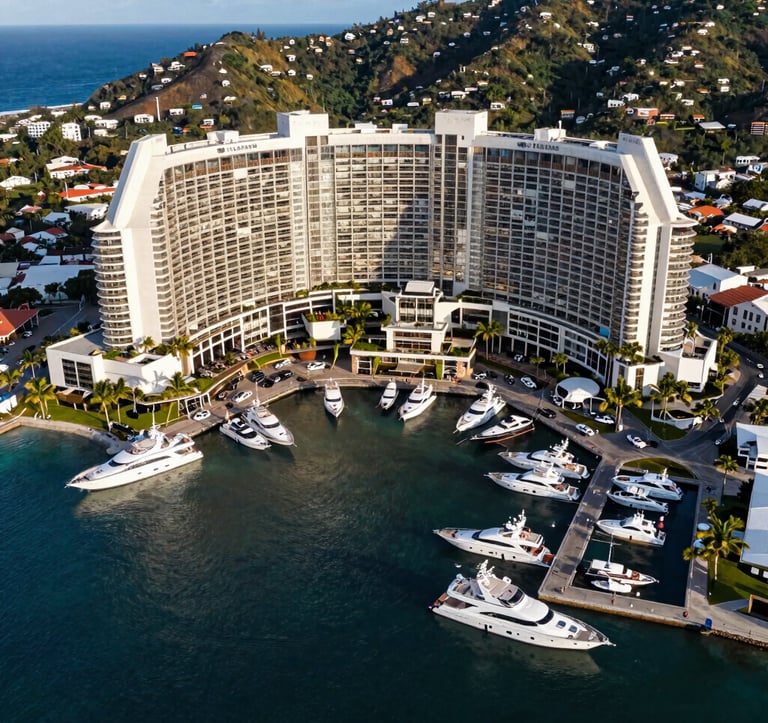 An aerial photography shot of the upscale Flamingo Marina area in Costa Rica, showcasing luxury boats and high-end infrastructure against a backdrop of deep blue ocean and green hills. The composition is clean and technical, emphasizing orderly development and high-value assets.