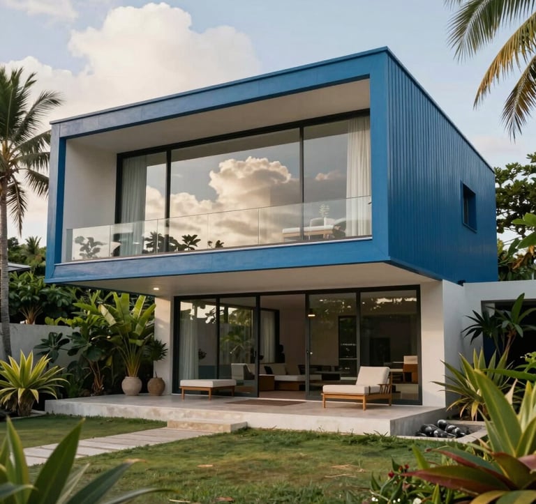 Photography of a contemporary luxury beachfront estate in Tamarindo, Costa Rica. The architecture features minimalist steel blue frames and expansive glass walls that reflect the off-white clouds. Lush tropical gardens frame the composition under clean, bright daylight.