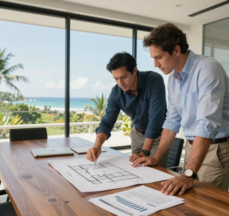 Professional executive setting in a bright, modern coastal office in Costa Rica. Two professionals in business casual attire are reviewing architectural blueprints and financial spreadsheets on a large wooden table. Through the large window, a glimpse of the Guanacaste tropical landscape and clear sky is visible. Sharp focus, clean composition, professional lighting.