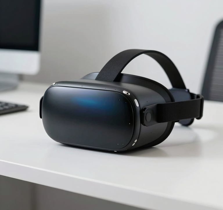 A close-up photograph of a sleek, black virtual reality headset resting on a white minimalist desk in a bright North American / US corporate workspace, with a hint of vibrant blue light reflecting off the lens.