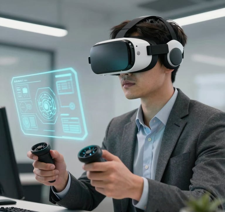 A sharp, detailed photograph of a young professional in a modern North American office setting wearing a high-end VR headset and holding sleek motion controllers, looking intensely focused on a virtual interface. The lighting is crisp with cool cyan accents.