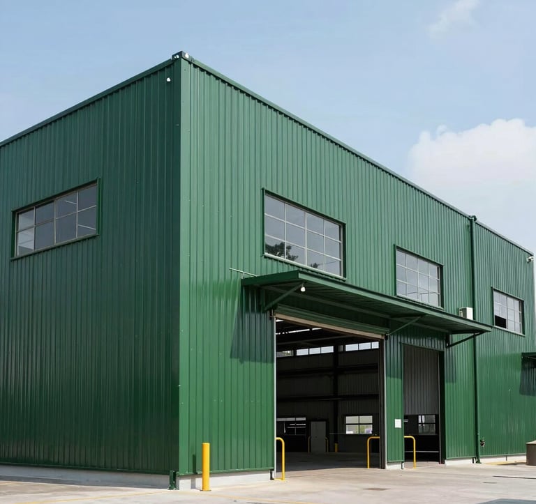 A clean, high-contrast photograph of a Southeast Asian modern industrial warehouse and tech infrastructure, showcasing sharp lines and professional engineering design, with deep green structural elements under bright daylight.
