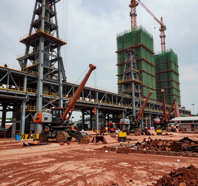 A wide shot of a large-scale industrial factory construction site in Vietnam, featuring steel structures and modern heavy machinery. The atmosphere is industrious and dynamic, with a color palette of terracotta red and deep green.