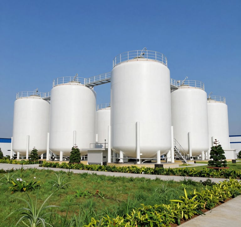 A professional shot of a modern environmental engineering facility in Vietnam. Clean, industrial design with white tanks and green landscaping. Clear blue sky, bright daylight, emphasizing cleanliness and sustainable technology.