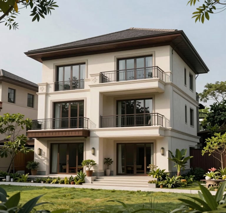 A stylish Southeast Asian residential villa featuring elegant Italian-inspired balconies and modern prefab modules, surrounded by lush green landscaping, shot in high-definition professional architectural style.