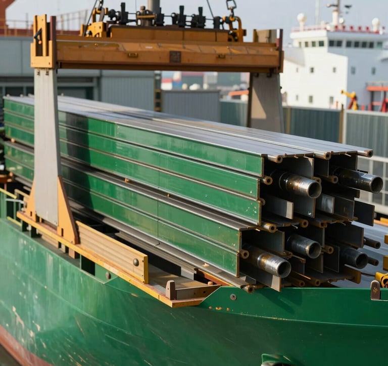 A professional close-up photography shot of high-quality construction steel and materials being loaded onto a cargo ship, industrial lighting, vibrant colors with deep green tones.