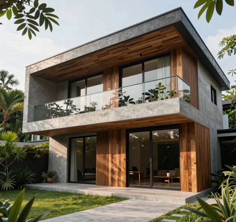A high-end modern villa in Vietnam featuring clean lines and sustainable building materials. The architecture is a blend of contemporary style with lush Southeast Asian greenery. Soft, natural daylight highlights the smooth concrete and wood textures.