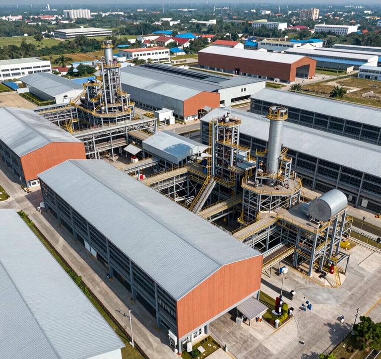 An expansive aerial view of a large-scale industrial factory complex in Vietnam. The structure is modern with metallic silver roofing and terracotta accents. Bright, clear daylight with visible engineering precision in the layout.