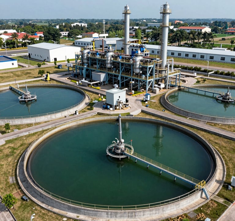 A professional photograph of a modern industrial wastewater treatment facility in a Southeast Asian / Vietnamese industrial park. The lighting is crisp, highlighting the clean engineering and sustainable design. The color palette features deep green and neutral gray tones.