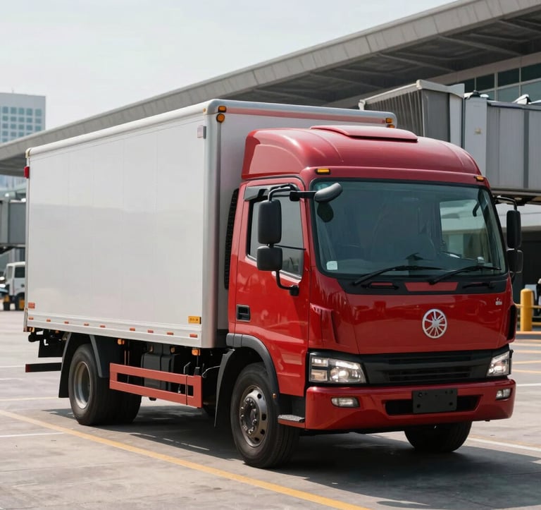 A professional commercial photograph of a delivery truck with clean lines parked at an airport cargo terminal in a Southeast Asian / Filipino city, bright midday sun, Deep Ripe Crimson accents visible on the vehicle, emphasizing global reach.