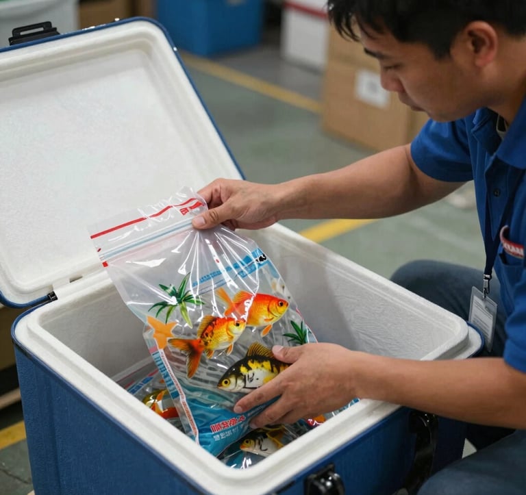 A high-quality photo of a Southeast Asian logistics professional carefully placing a bag of colorful ornamental fish into a insulated shipping box, demonstrating precision and care.